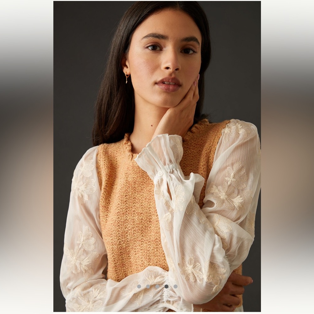 Anthropologie Layered Sweater Vest Knit Top Embroidered Sleeves Women Large - Picture 14 of 14